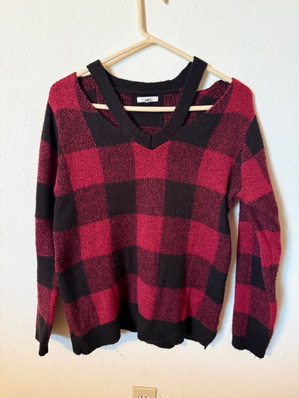 Red and Black Plaid Cut-out V-Neck Women’s Sweater